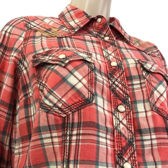 Y2k True Religion Fresh Peach Plaid Button Down Shirt Western Styling Gold Logo - Picture 16 of 16
